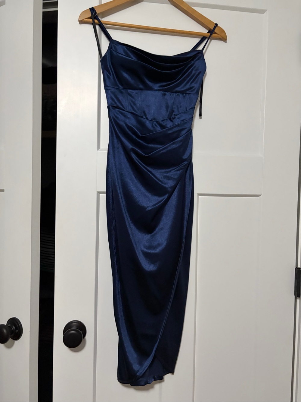 dark blue navy satin formal windsor dress with leg slit
